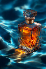 Beautiful whiskey bottle in water, elegant beverage container with reflections, realistic 3D product presentation.