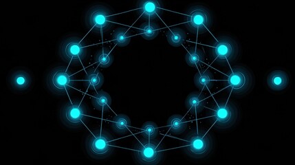 Digital Abstract Design Featuring Interconnected Nodes and Glowing Circles in Vibrant Blue Against a Black Background