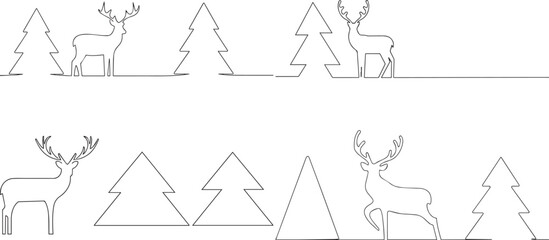A group of  Deer with antlers tree one continuous line art, Vector illustration, One line art, Line art graphic style