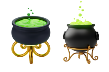 3D Two witch cauldrons brewing green potion bubbles isolated on transparent background 