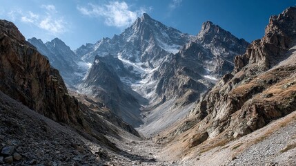 Majestic snow-capped mountain peaks pierce a clear blue sky over a rugged, rocky valley with autumnal grass, evoking adventure and natural grandeur.