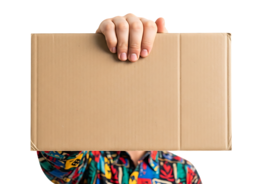 Hand holding a cardboard box isolated on transparent background, concept of delivery service