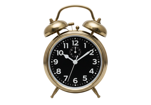 Close up of a golden alarm clock isolated on transparent background showing ten oclock