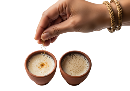 Hand sprinkling spices into a cup of masala tea isolated on transparent background