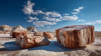 Stunning ancient petrified wood logs scattered across a sun-drenched desert landscape under a vibrant blue sky with scattered clouds