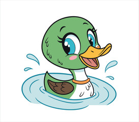 Vector art of cute cartoon duck swimming in water, vector illustration of a duckling