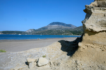 Kefalonia- Greece - August 15, 2025: Mounda beach needs Skala, Kefalonia,  Greece.
