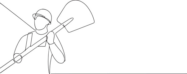 Fototapeta premium Farmer holding shovel one continuous line art, Vector illustration, One line art, Line art graphic style