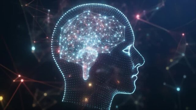 Futuristic glowing digital brain inside a human head outline with interconnected nodes and lines image