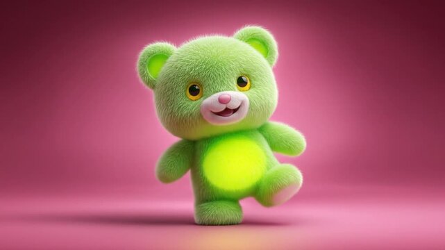 Animated green teddy bear with glowing belly on pink background