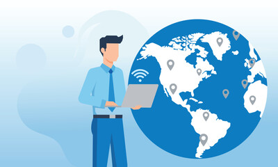 Vector art of man with laptop connecting to global network