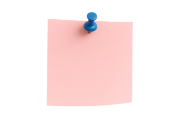 Pink sticky note with blue push pin isolated on white background concept of feminine reminder communication office organization task management note paper clean template design