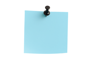 Blue sticky note with black pin isolated on white background representing memo communication notification or school message concept for clean minimalist reminder template design