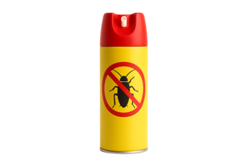 Yellow insect spray can with red cap and bug symbol isolated on white background representing pest control protection hygiene extermination and home safety chemical product design
