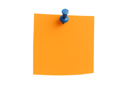 Orange sticky note with blue push pin isolated on white background symbol of reminder message blank square paper for office business organization communication and planning
