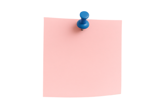 Pink sticky note with blue push pin isolated on white background concept of feminine reminder communication office organization task management note paper clean template design