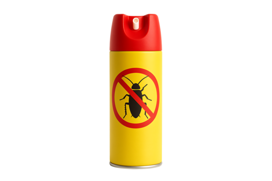 Yellow insect spray can with red cap and bug symbol isolated on white background representing pest control protection hygiene extermination and home safety chemical product design