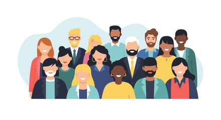 Obraz premium Diverse group of smiling people standing together in a flat illustration style.
