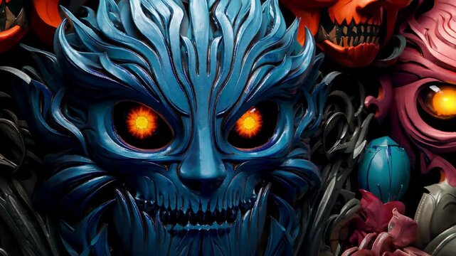 Symmetrical Fantasy Masks With Glowing Eyes and Ornate Details