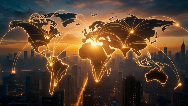 Global Network Connections Overlayed on a Cityscape at Sunset with World Map image photo