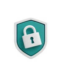 Digital security concept featuring a glossy white padlock centered on a turquoise shield emblem
