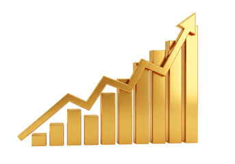 Shiny 3D golden graph illustrating robust upward financial trajectory and increasing business profits.