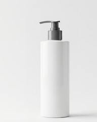 Minimalist white cylindrical container with charcoal pump top, standing vertically for personal care product design.