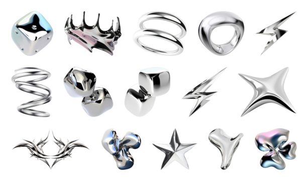PNG Abstract metallic 3D shapes collection, element set on transparent background