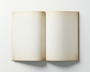 Overhead flat lay of an open softcover book revealing empty aged pages on a bright white setting.