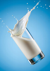 Dynamic splash of fresh white milk erupting from a tilted glass on a vibrant blue solid field.
