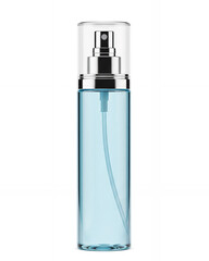 Photorealistic 3D render of a tall cylindrical clear spray bottle with blue liquid and silver atomizer