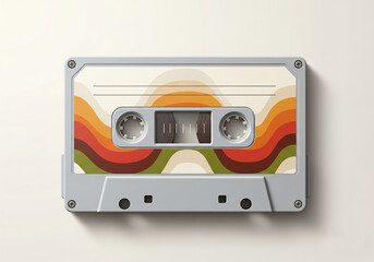 Isolated vintage audio cassette tape with a colorful retro 70s wavy label design