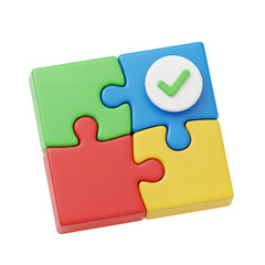 Four vibrant, interlocking puzzle pieces featuring a success checkmark symbol, rendered in smooth 3D style.