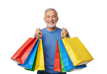 Smiling elderly man holding a lot of shopping bags, isolated on transparent background