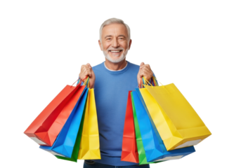 Smiling elderly man holding a lot of shopping bags, isolated on transparent background