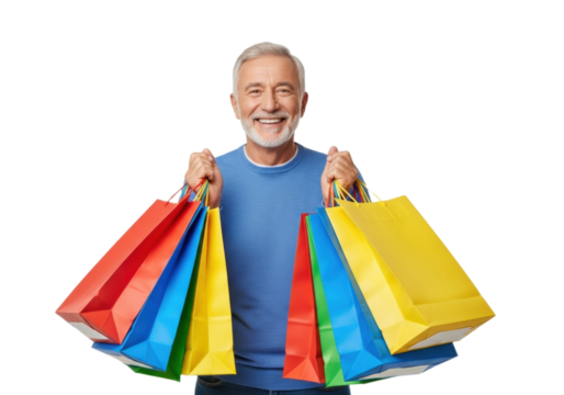 Smiling elderly man holding a lot of shopping bags, isolated on transparent background
