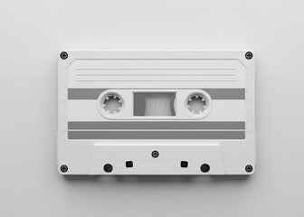 Detailed 3D rendering of a clean, bright white audio cassette tape floating over a light gray surface