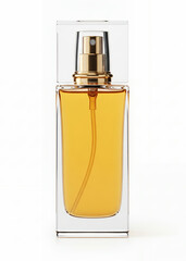 Luxurious rectangular glass fragrance atomizer with golden liquid and square clear cap on white surface.