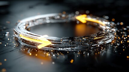 Dynamic digital energy flow with glowing arrows in a futuristic technological circuit board environment, representing data transfer and innovation.