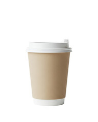 Isolated blank brown kraft paper disposable coffee cup with white plastic lid mockup.