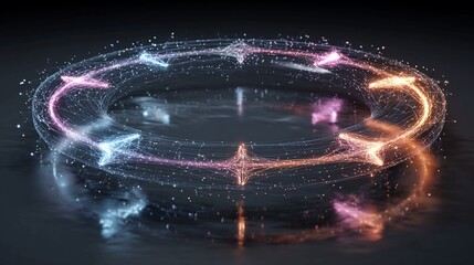 Dynamic abstract glowing network of interconnected nodes and lines forming a circular flow, symbolizing data, technology, and digital connection.