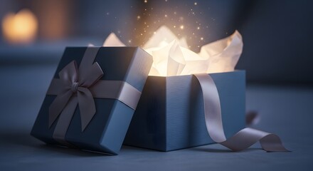A magical gift box opens with glowing light and sparkles