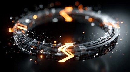 Dynamic futuristic circular interface with glowing orange arrows and particles, representing data flow and innovation