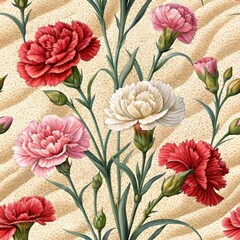 Group of colorful Carnation flowers on sand background.