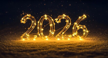 Glowing 2026 numbers made of fairy lights on a dark background