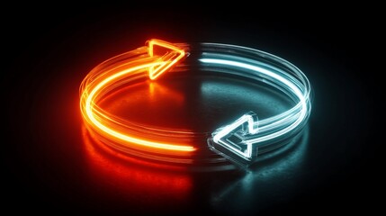 Dynamic glowing arrows form a continuous cycle, representing flow, progress, and interconnectedness in a modern, abstract visual.
