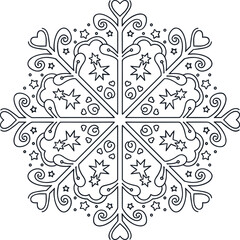 Intricate black and white snowflake design with swirls stars and heart accents
