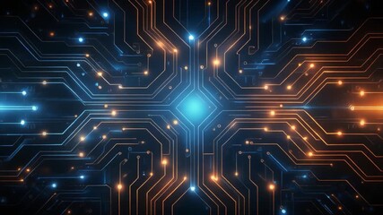 Abstract digital circuit board with glowing blue and orange lines and nodes on a dark background technology - Powered by Adobe