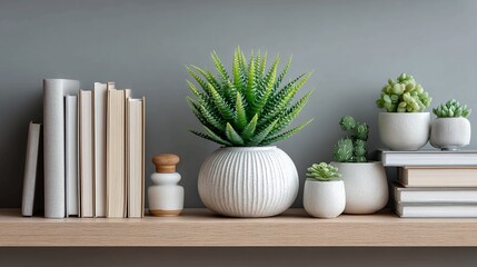 Stylishly arranged succulents and books create a modern, serene home decor vignette on a light wood shelf with a gray backdrop.