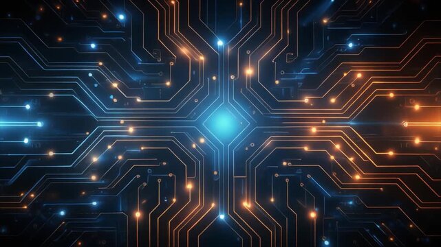 Abstract digital circuit board with glowing blue and orange lines and nodes on a dark background technology - Powered by Adobe